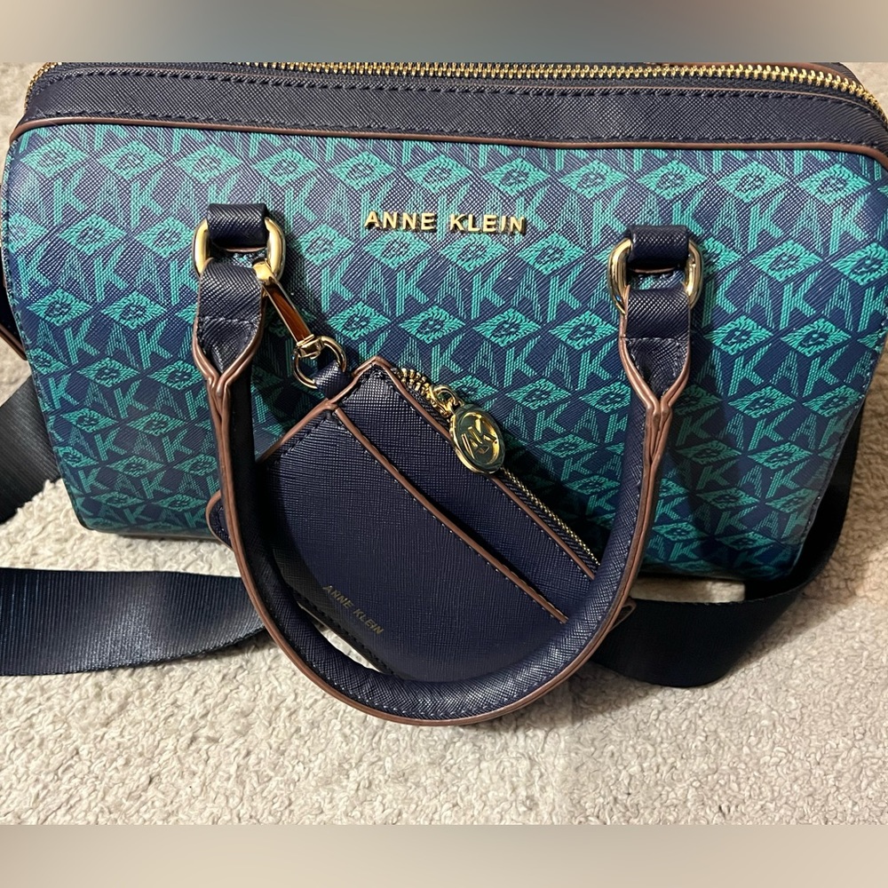 Anne Klein-cube logo handbag or crossbody-green/ navy-navy mini wallet included